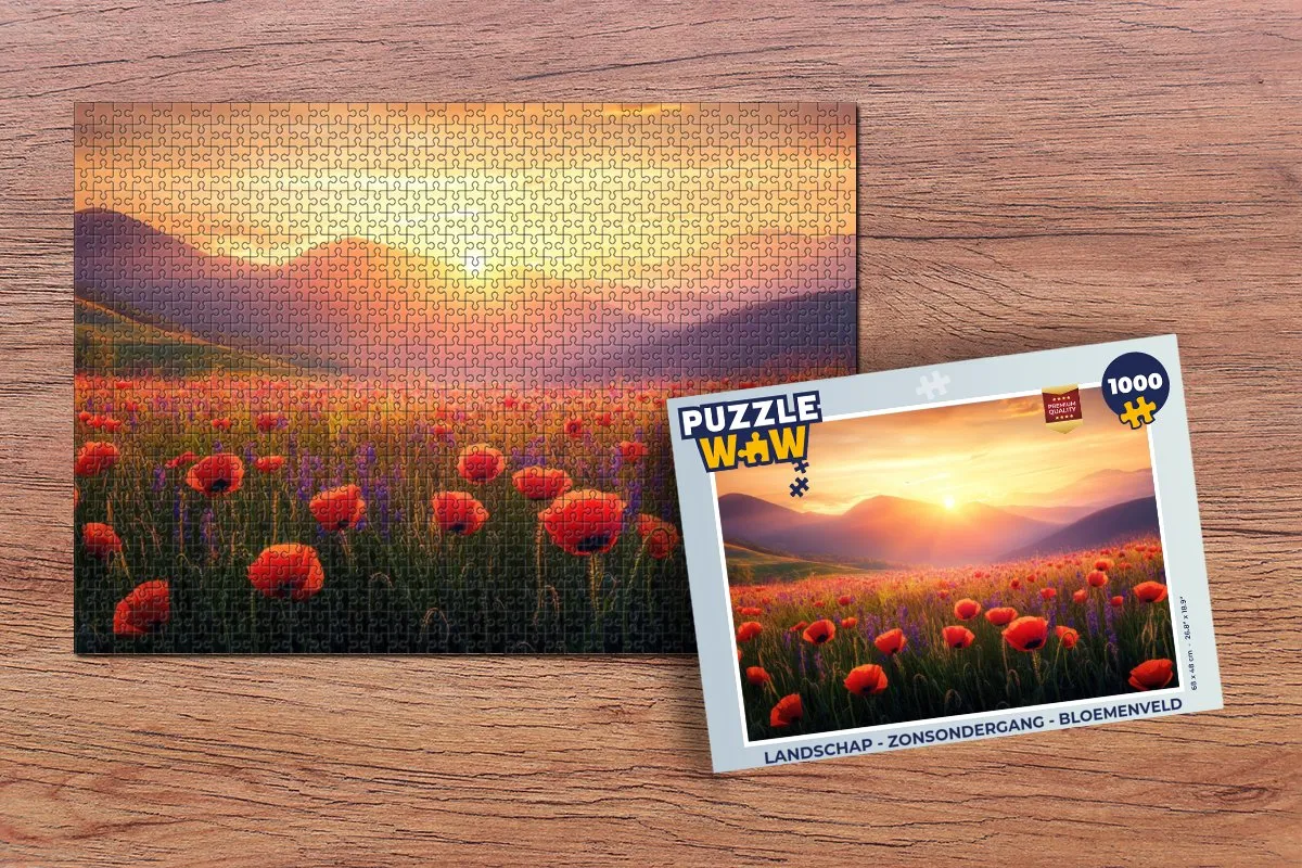 PuzzleWow Landschap Zonsondergang Bloemenveld Legpuzzel 1000 Stuks - Bloemen/Klaprozen