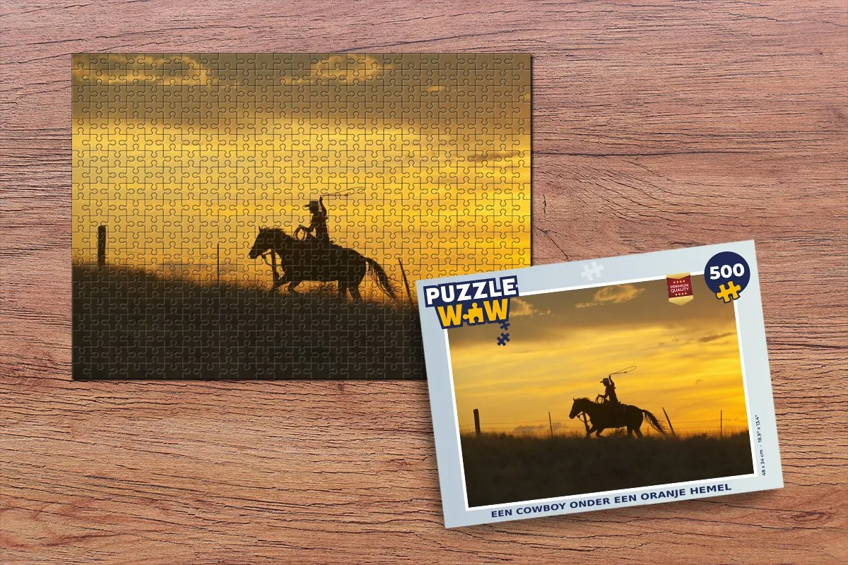 PuzzleWow Legpuzzel Een cowboy onder een oranje hemel 500 Stuks