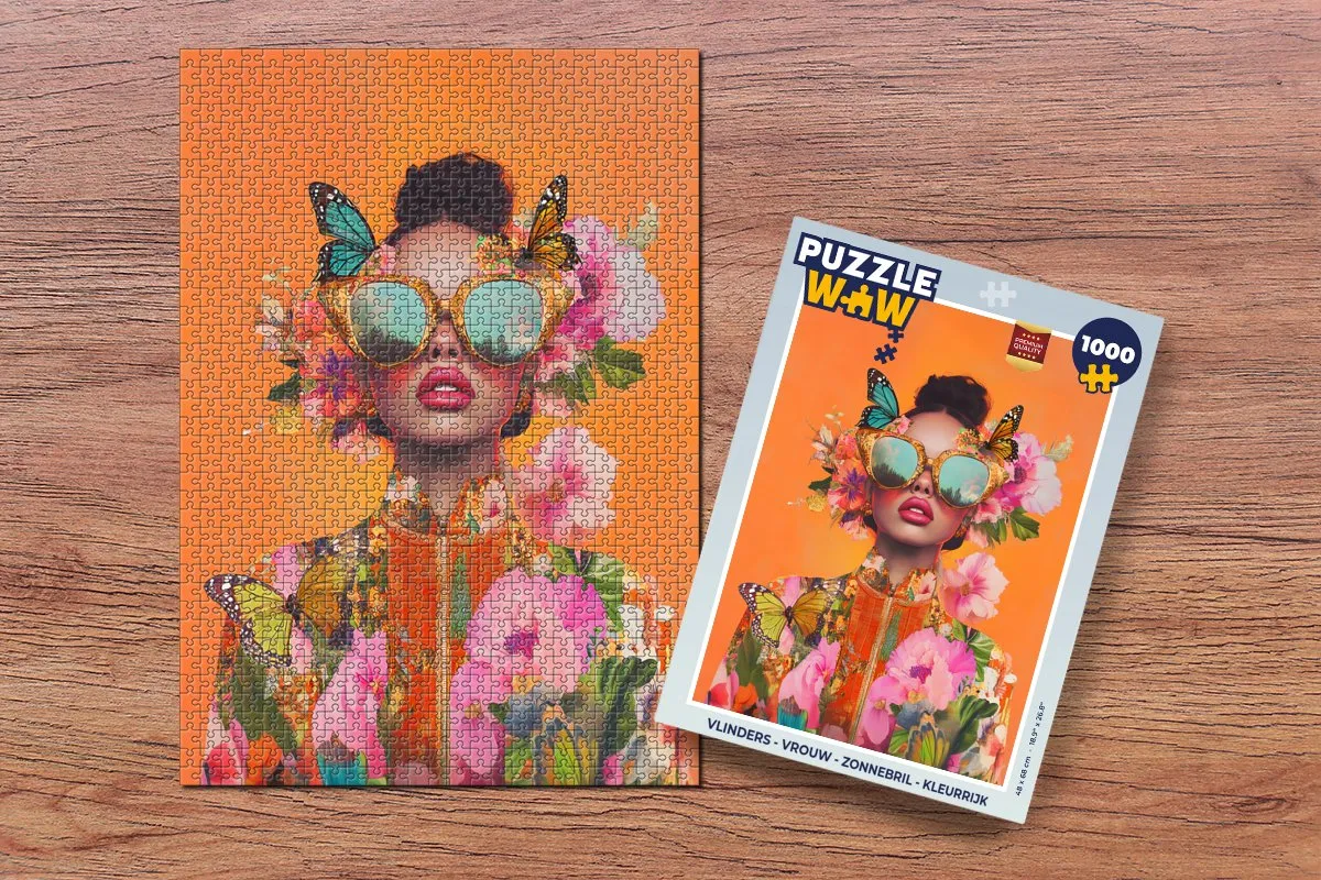 PuzzleWow Vlinders Zonnebril Legpuzzel 1000 Stuks - Vrouw/Kleurrijk
