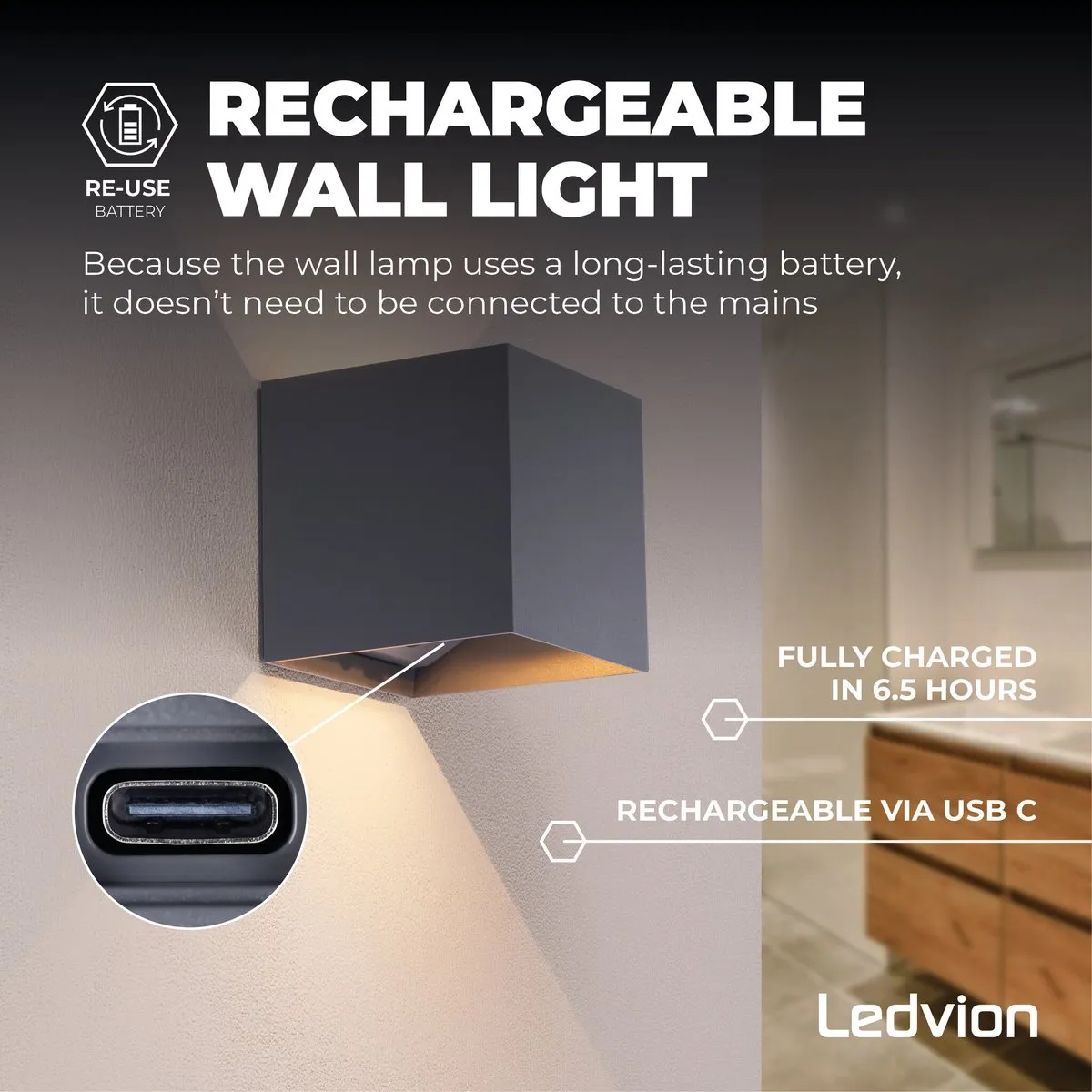 Ledvion USB Oplaadbare Wandlamp Sensor 4400mAh Antraciet