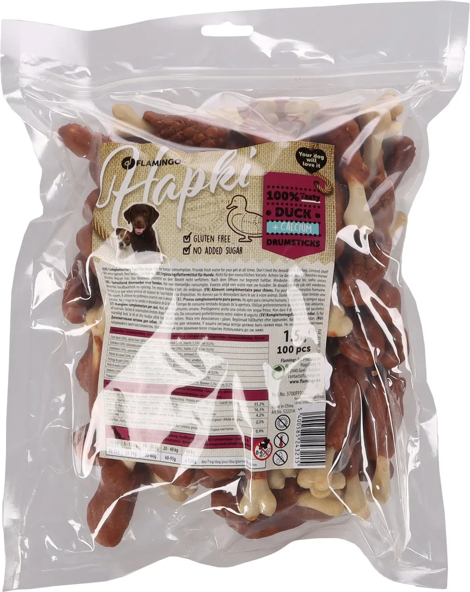 Flamingo Hapki Drumstick Hondensnack Eend - 1,5kg - 100 Stuks