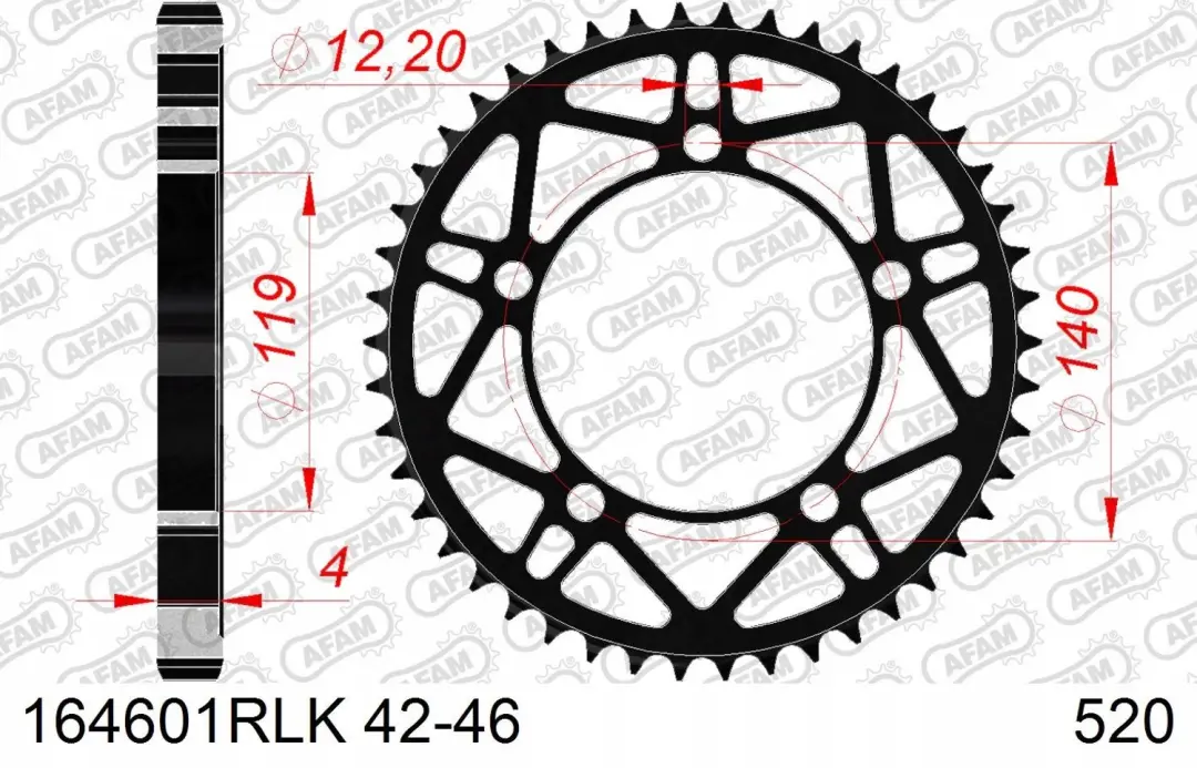 AFAM Stalen Achtertandwiel #520 164601RLK-45, 45 Tanden