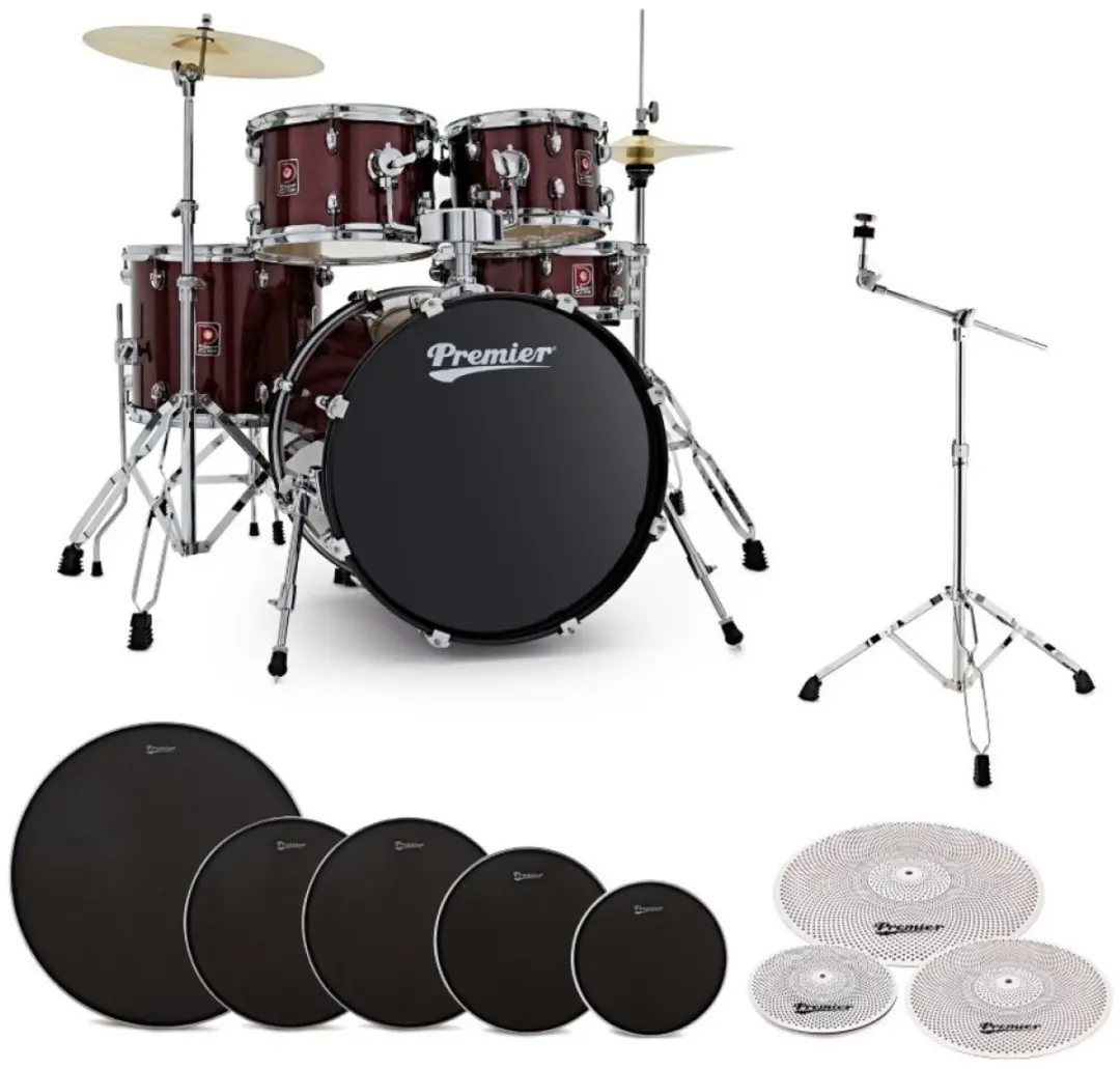 Premier Revolution 20” 5pc Low Volume Drum Kit Bundle, Red Sparkle