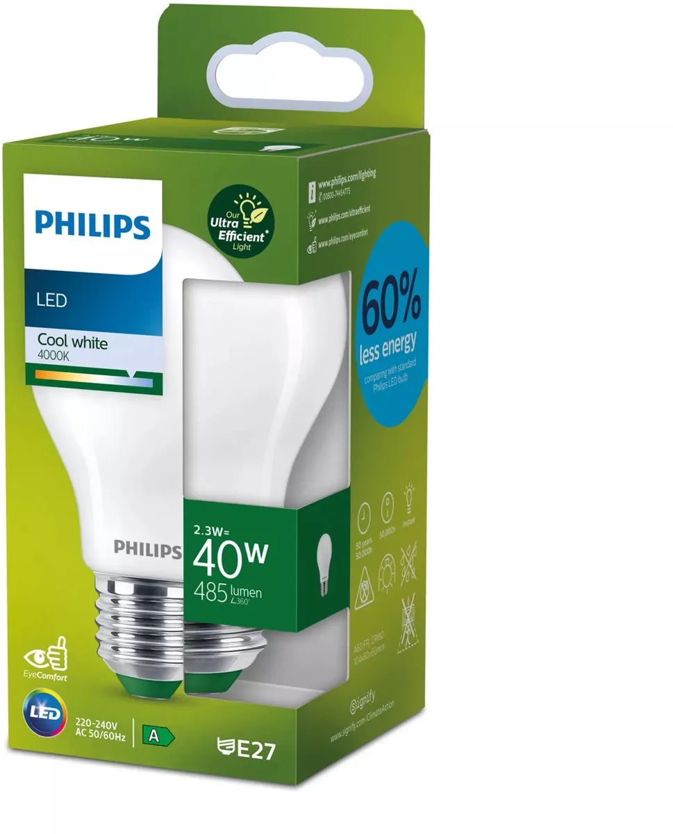 Philips Ultra Efficient LED Lamp Mat 2.3W E27 - 4000K Koelwit