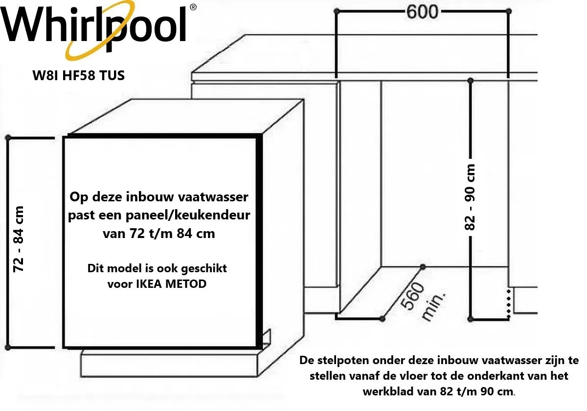 Whirlpool W8I HF58 TUS Inbouw Vaatwasser 14 Couverts - Energielabel B