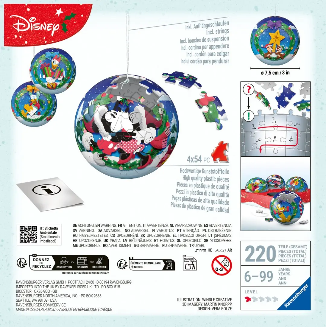Ravensburger Disney Kerstballen 3D Puzzelset - 4x54 Stuks - afbeelding 6 van 6