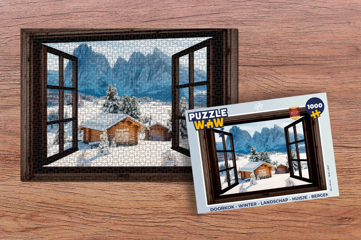 PuzzleWow Doorkijk Winter Landschap Huisje Bergen Legpuzzel 1000 Stuks