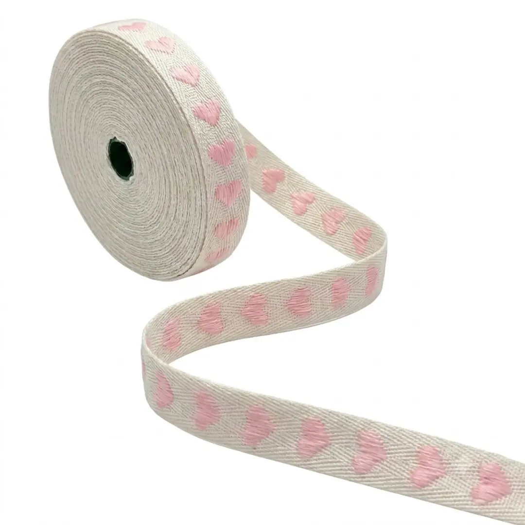 Roze geborduurd lint 5 yards 16 mm met hartjes