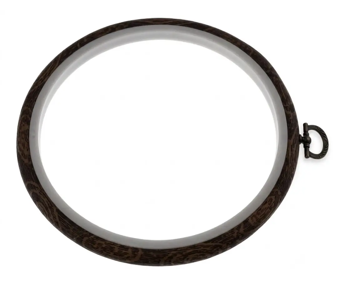 Donkerbruin houten borduurring rond 11 cm borduur frame in houtlook voor borduurwerk kruissteek naaien handwerk hobby en decoratie herbruikbare borduurring met ophangoog