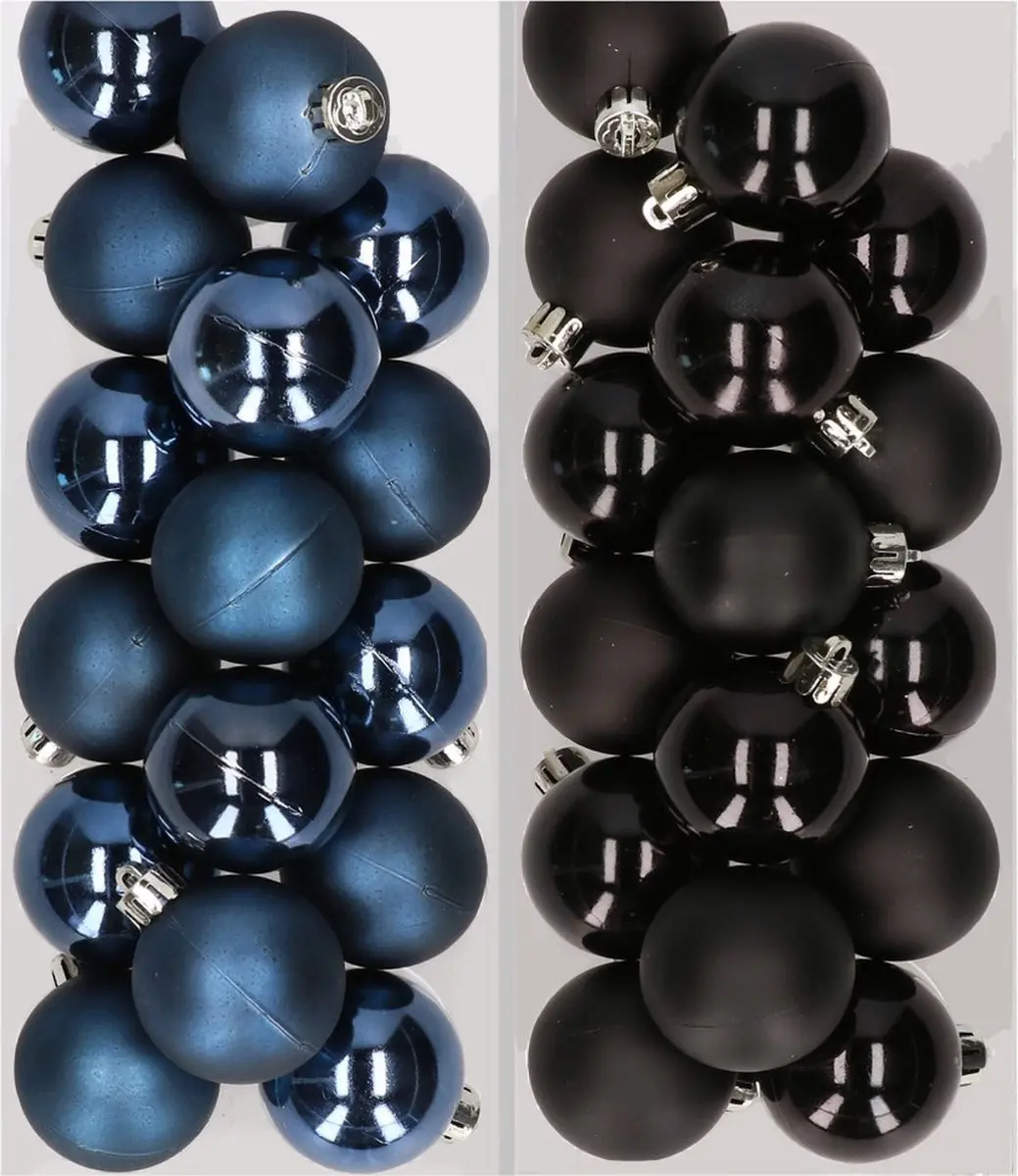 32x stuks kunststof kerstballen mix van donkerblauw en zwart 4 cm