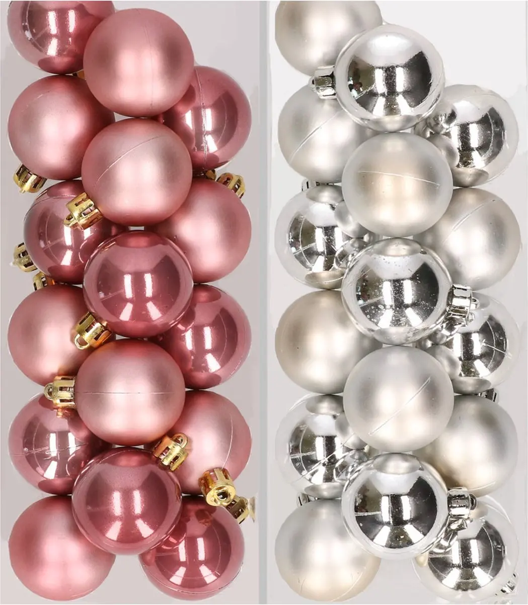 32x stuks kunststof kerstballen mix van oudroze en zilver 4 cm - Kerstversiering