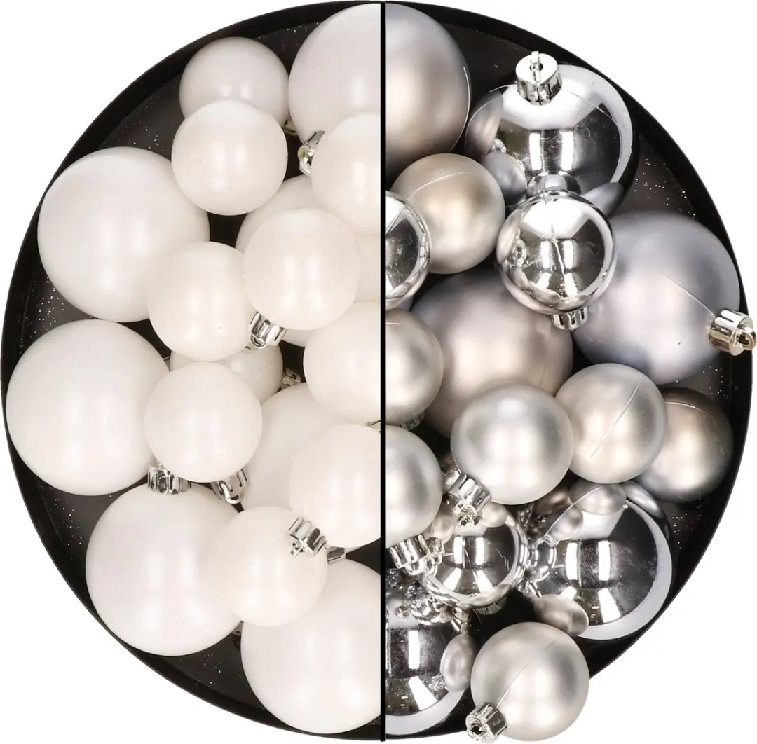 Kerstversiering kunststof kerstballen kleuren mix zilver/winter wit 4-6-8 cm pak