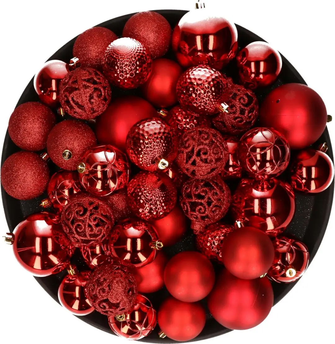 Decoris Kerstballen kunststof rood 36 stuks - 6-8-10 cm - mat en glans - met ophangdraadjes