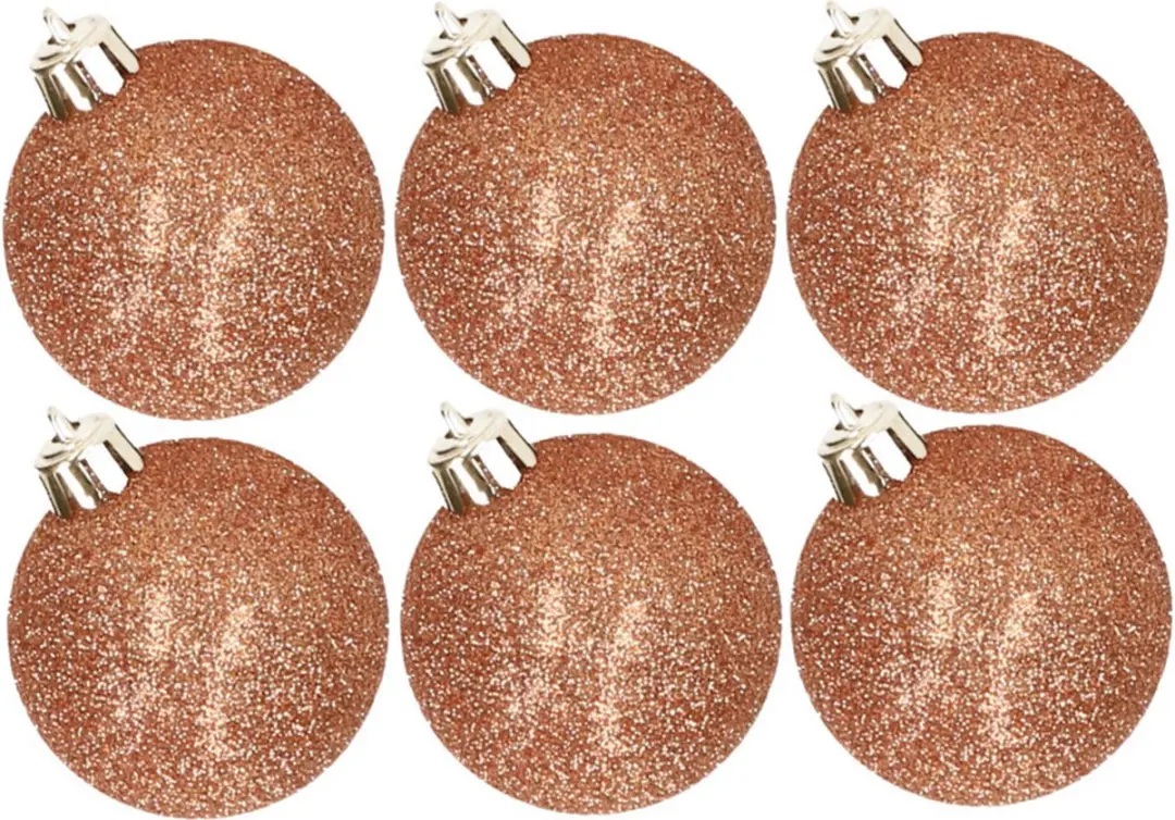 6x stuks kunststof glitter kerstballen koper 8 cm
