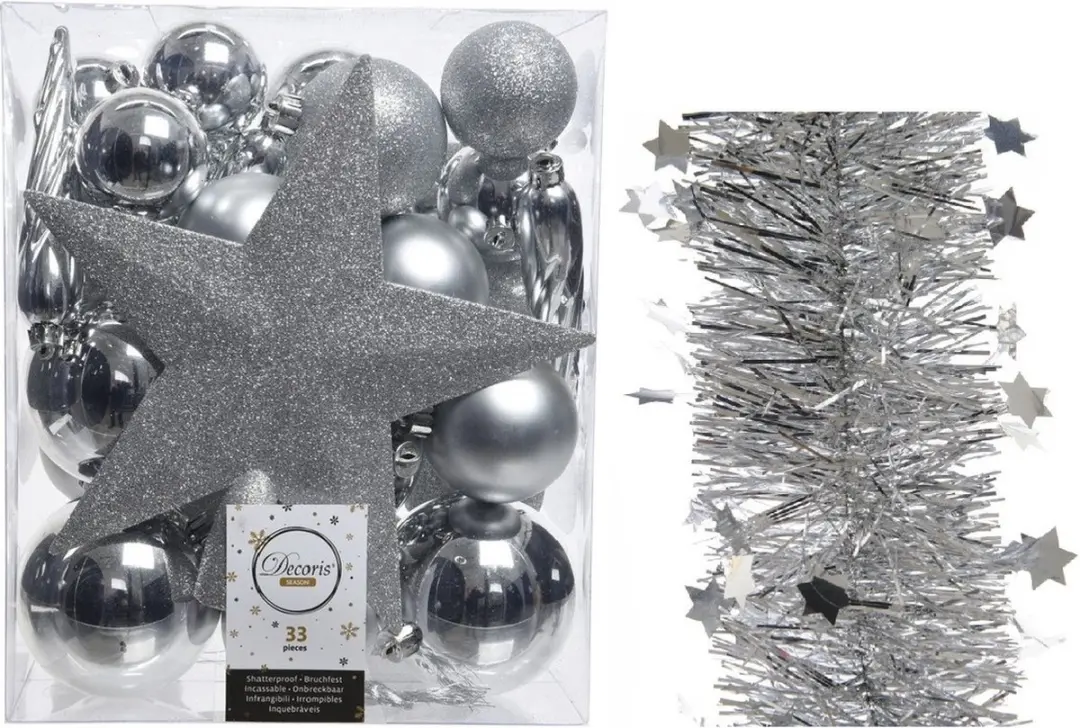 Kerstversiering kunststof kerstballen 5-6-8 cm met ster piek en sterren slingers