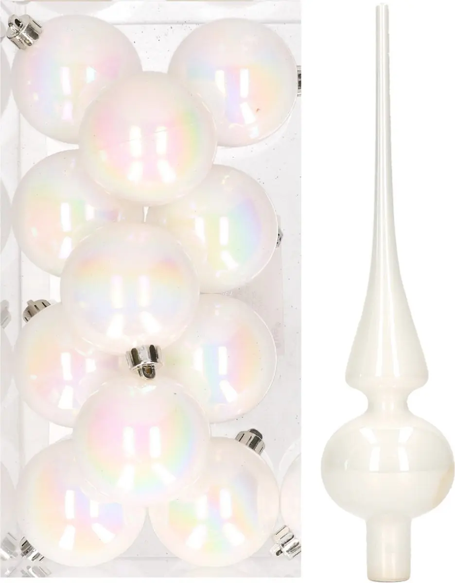 12x Parelmoer witte kunststof kerstballen met glazen piek glans