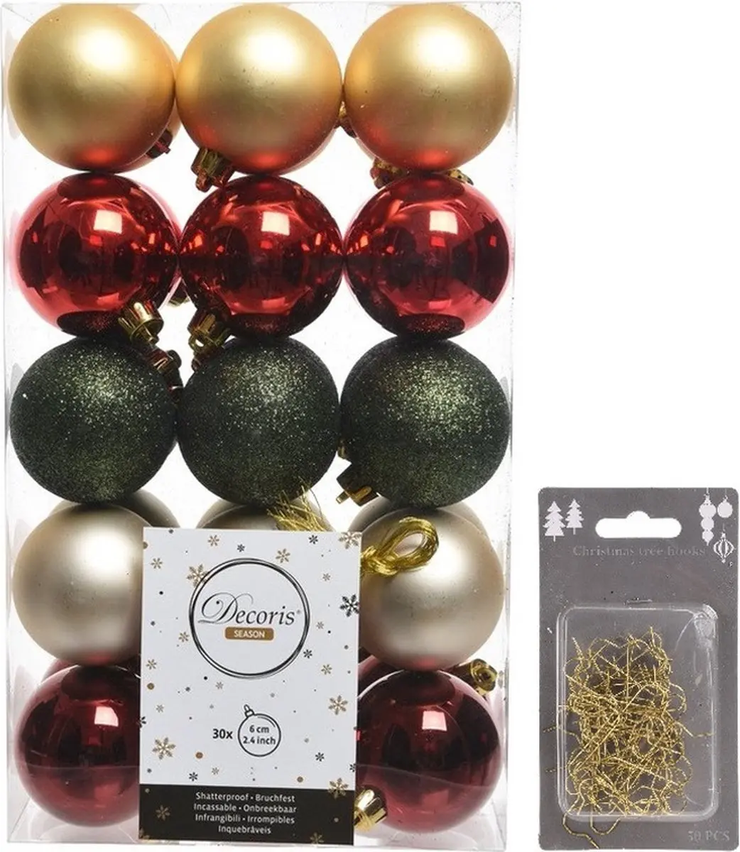 Kerstversiering mix pakket kunststof kerstballen goud/rood/groen 30x stuks 6 cm