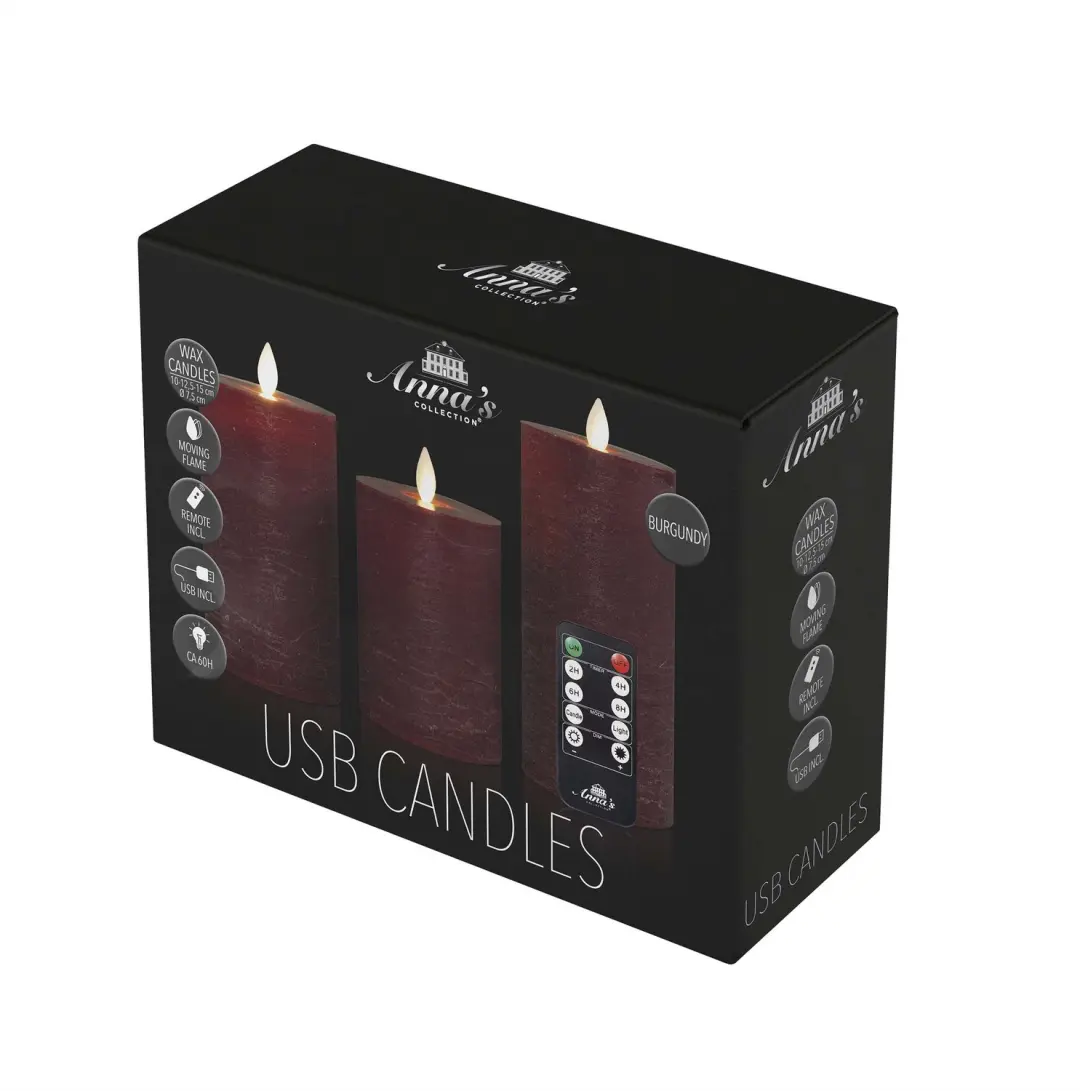 Anna's Collection LED Kaarsen Rustiek Bordeaux 3 Stuks