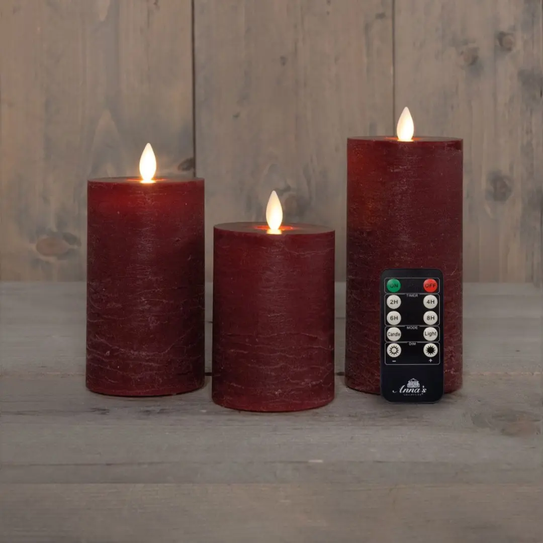 Anna's Collection LED Kaarsen Rustiek Bordeaux 3 Stuks - afbeelding 2 van 4