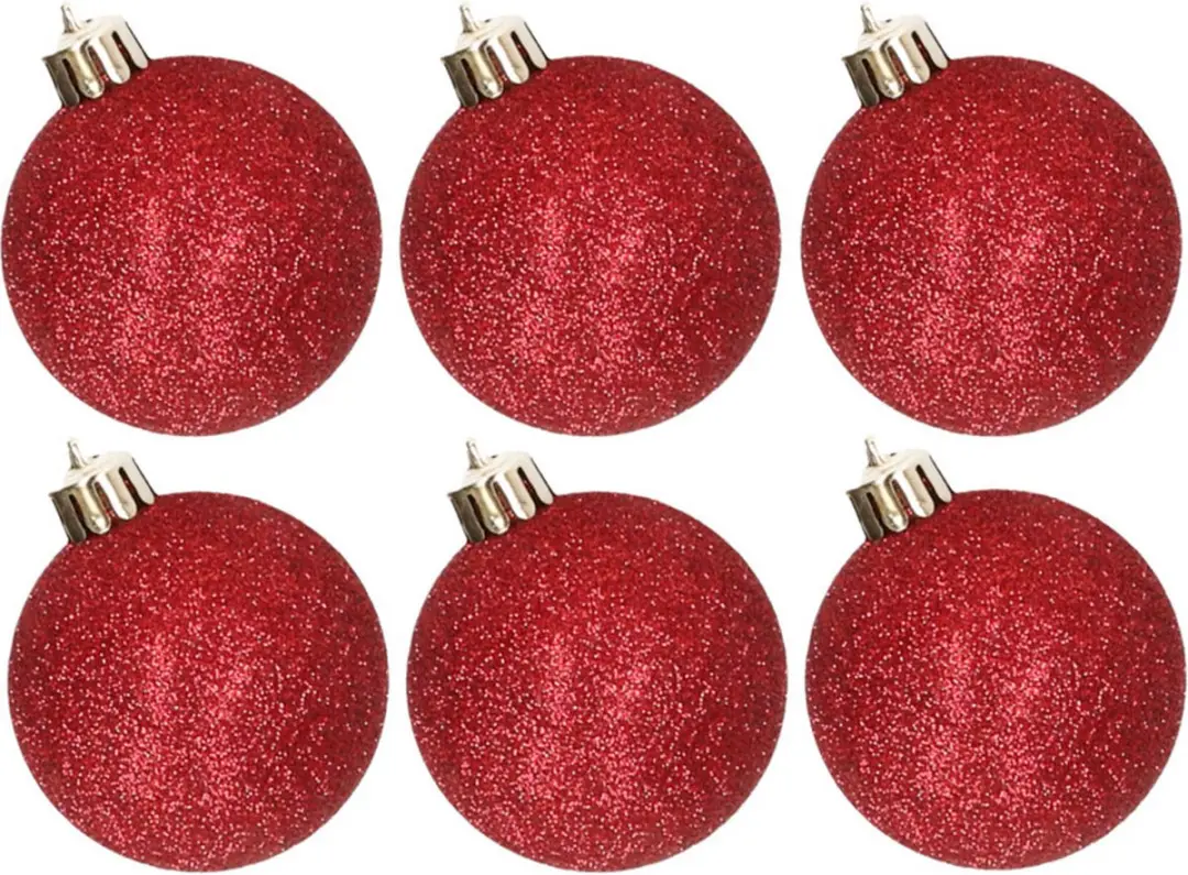 6x stuks kunststof glitter kerstballen rood 6 cm