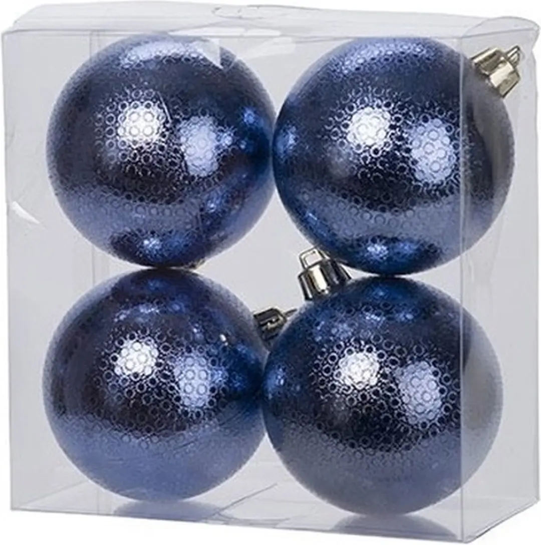 4x Donkerblauwe kunststof kerstballen 8 cm