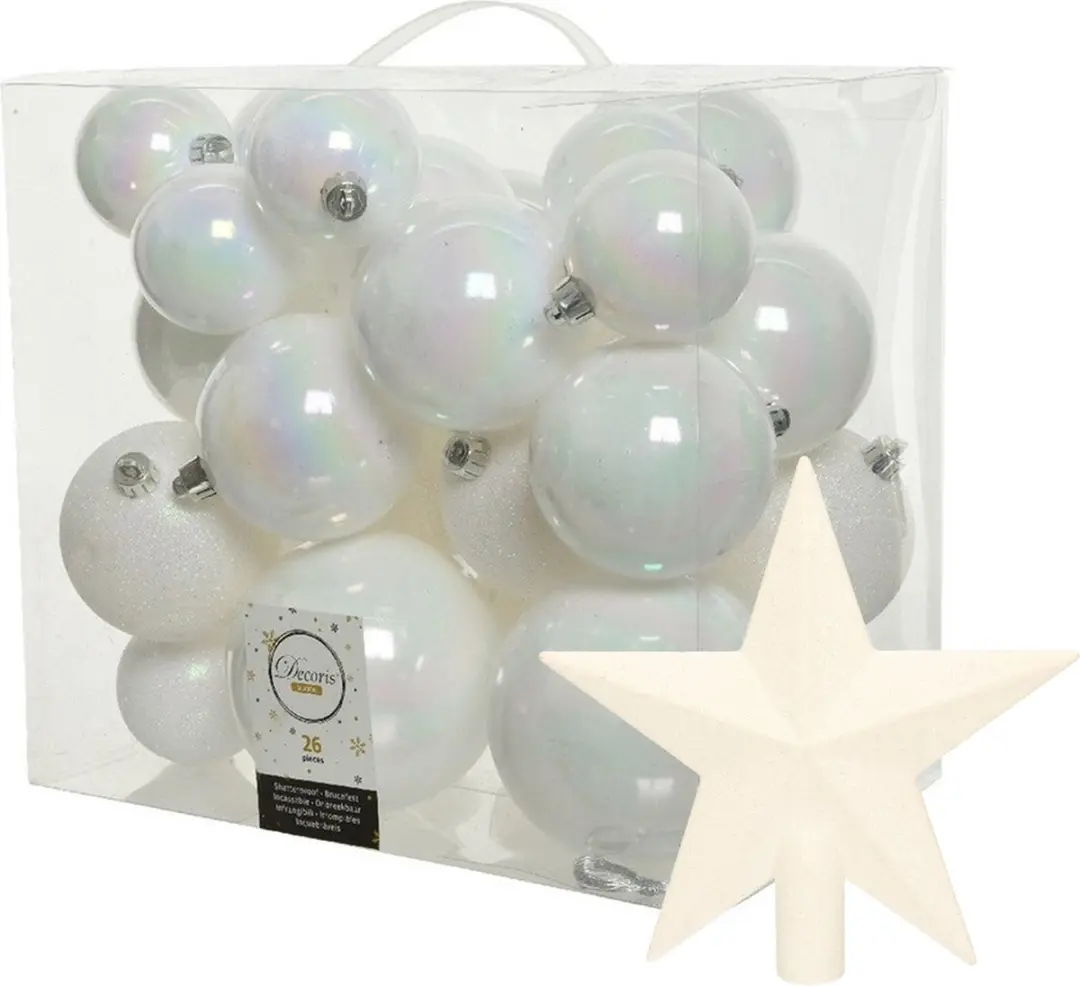 Decoris Kerstballen set kunststof parelmoer wit