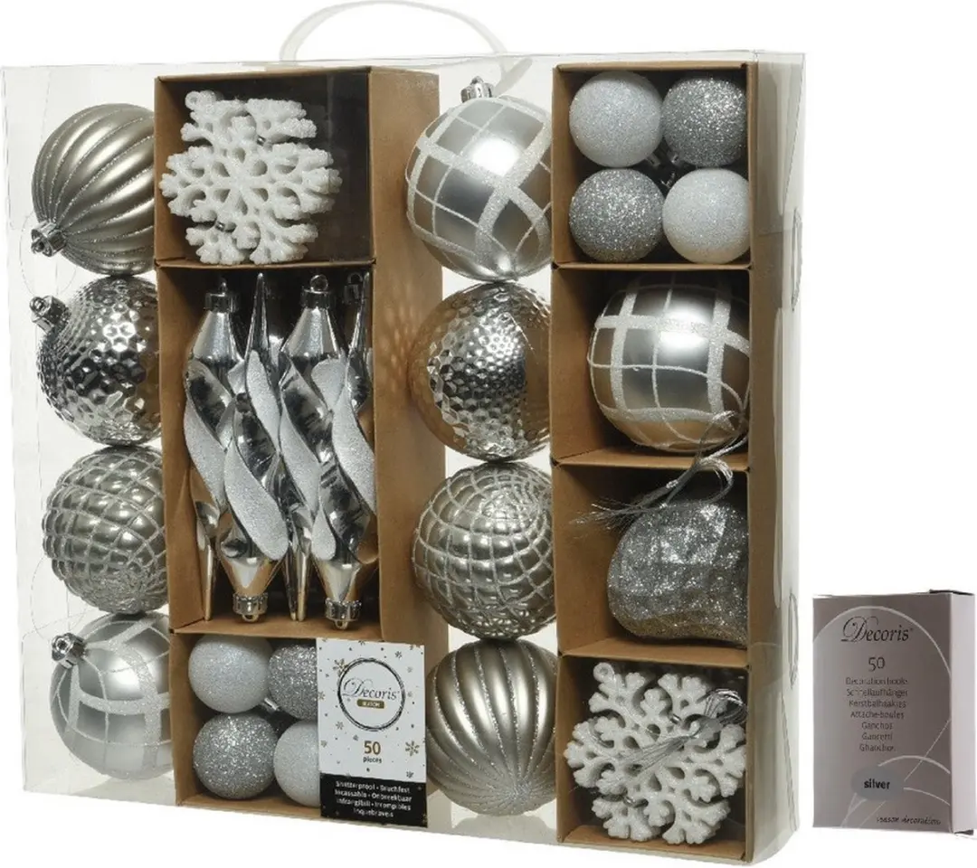 50x Zilveren kerstballen en figuren 4-8-15 cm kunststof mix incl. 50x stuks opha