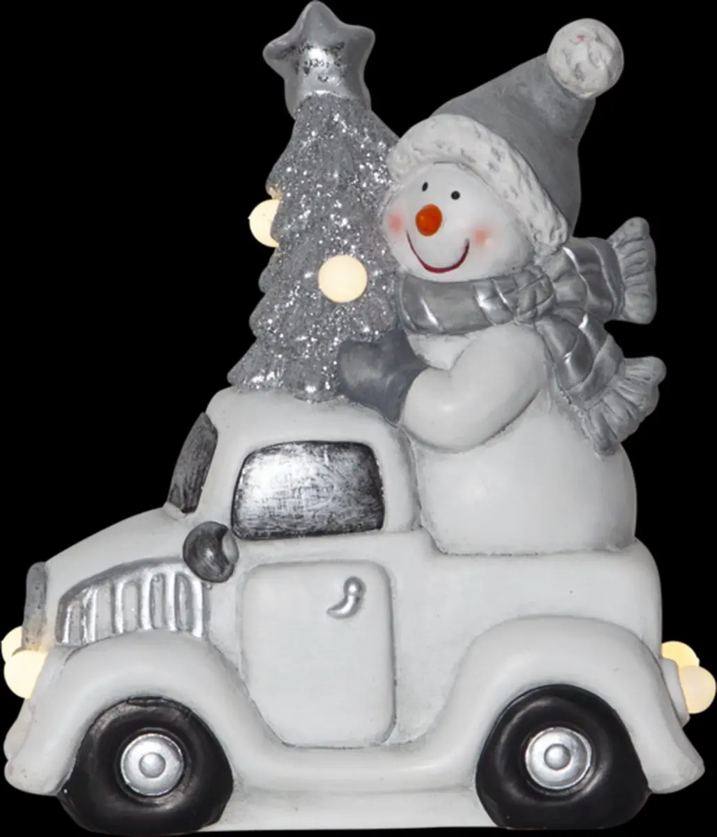 Sneeuwpop in truck -23cm -lichtkleur: Warm Wit -Werkt op batterijen -Met timer f