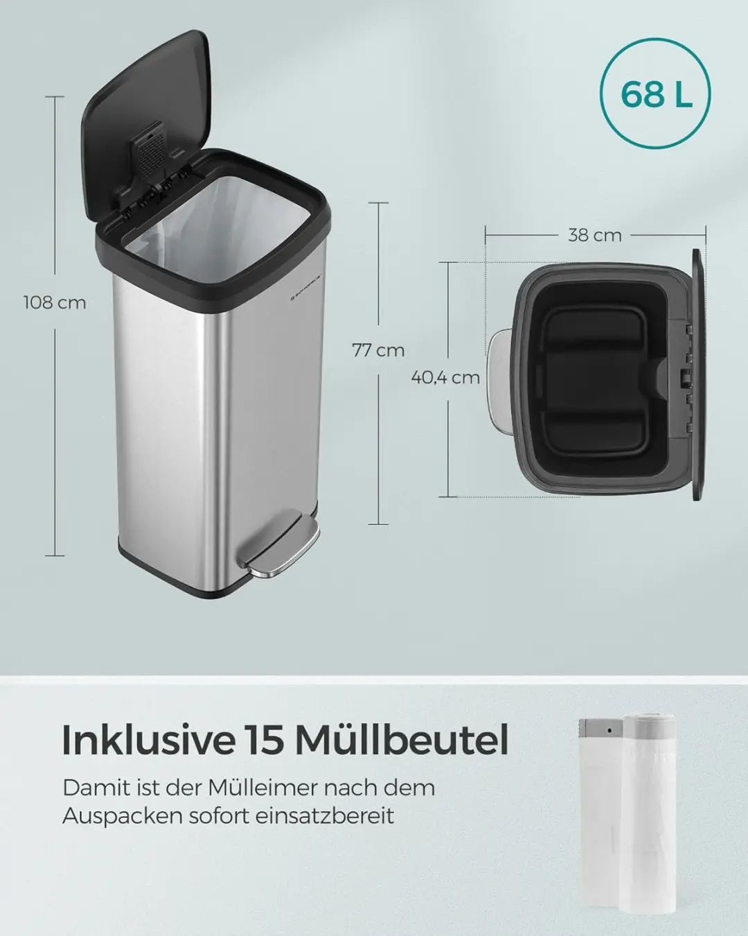 Songmics Afvalemmer Keuken 68L Pedaalemmer Metaal Zilver-Zwart LTB520E68 - afbeelding 2 van 6