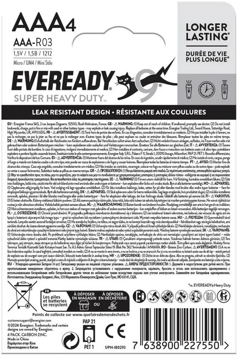 Energizer Eveready Super Heavy Duty AAA Batterijen - 4 Stuks - afbeelding 3 van 3