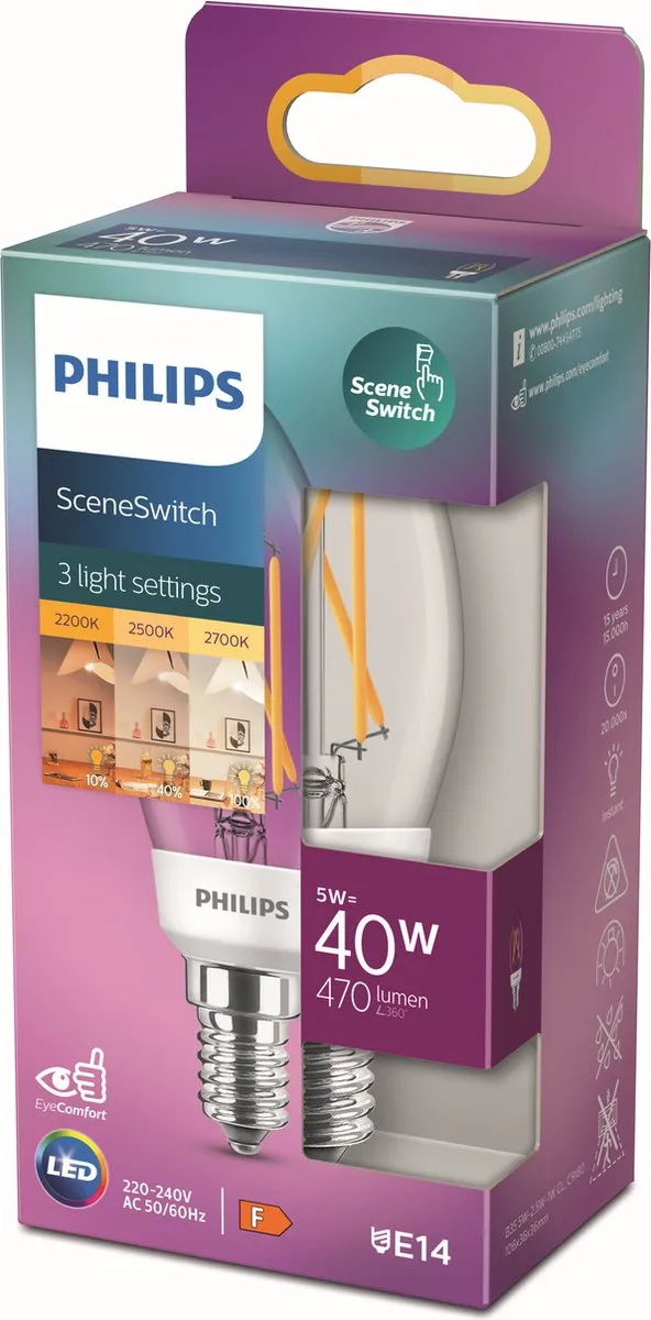 Philips LED Kaars SceneSwitch Transparant 5W E14 - Warmwit