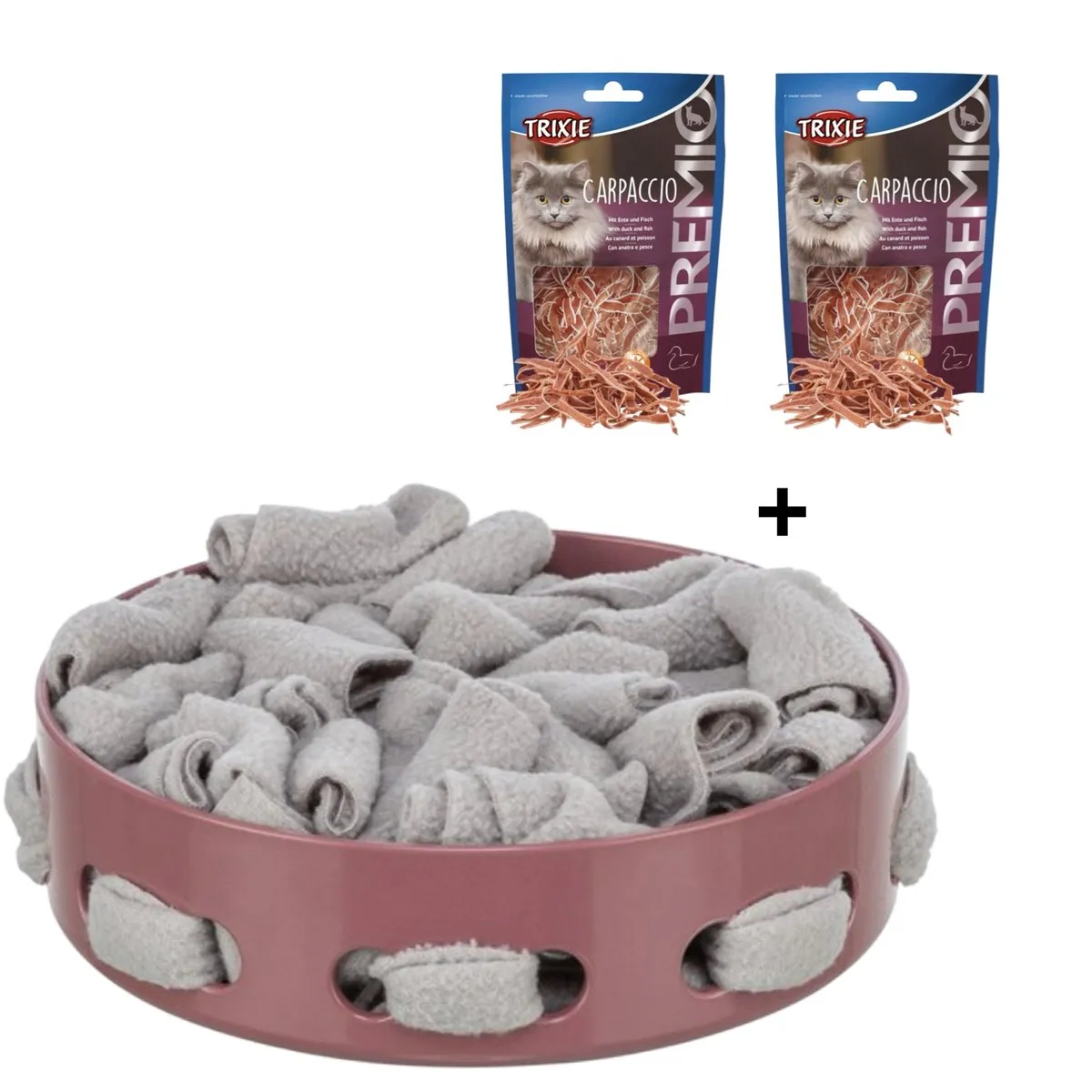 Trixie Cat Activity Hide'n'sniff Bowl - Roze/Grijs + 20 Stuks (2x10) Premio Carpaccio