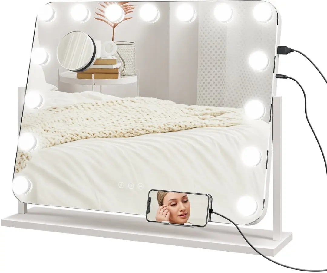 HOMCOM-Hollywood Spiegel mit Beleuchtung-Glas, Metall-62,5L x 14B x 52H cm-Weiß