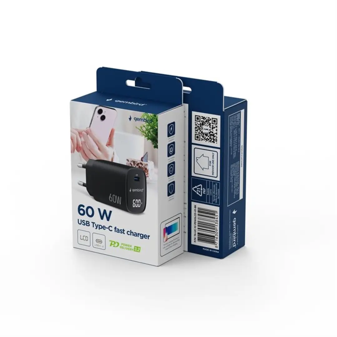 Gembird 60W USB Type-C snellader LCD Zwart - afbeelding 2 van 2