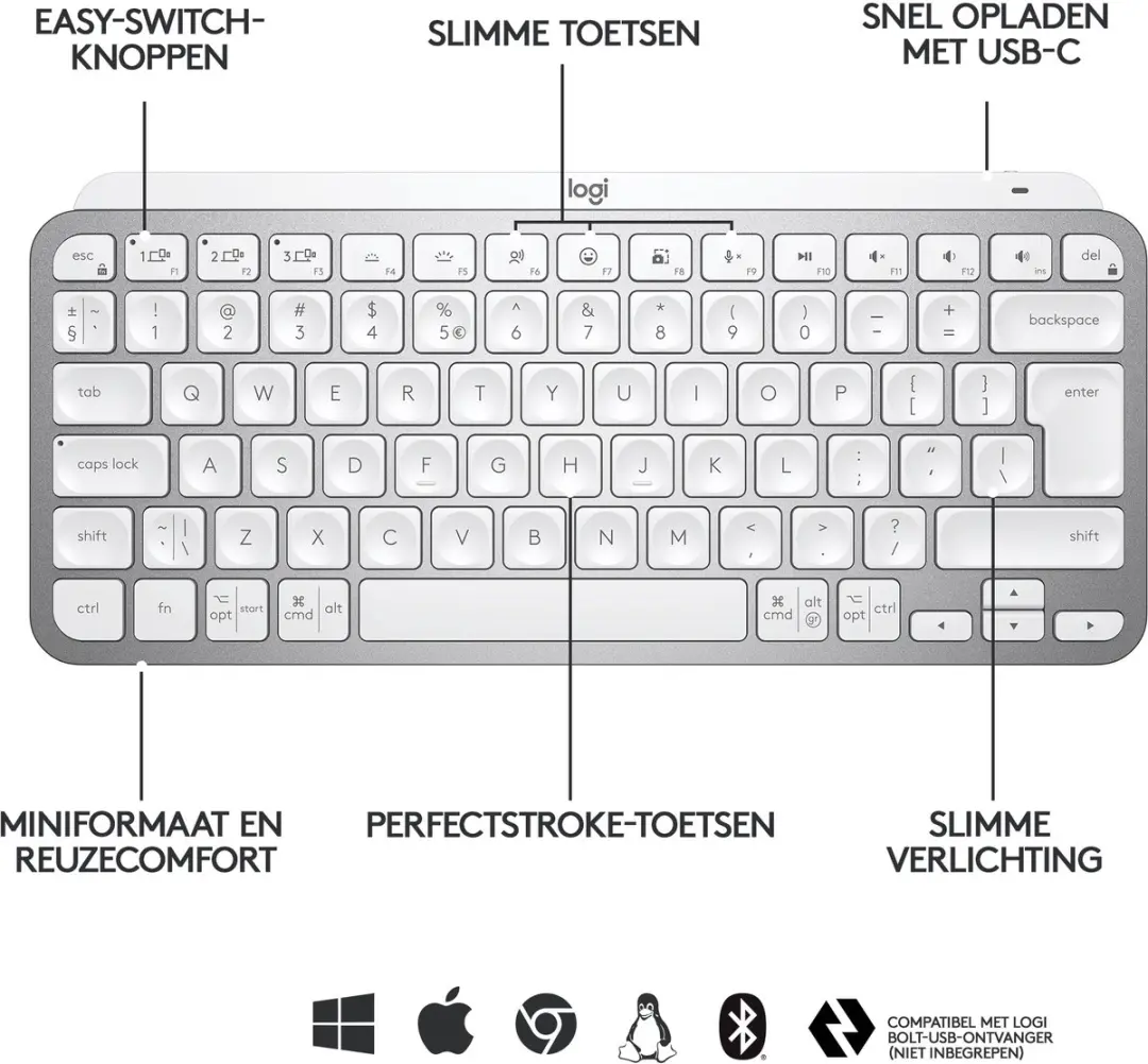 Logitech MX Keys Mini Toetsenbord - Lichtgrijs - afbeelding 3 van 6