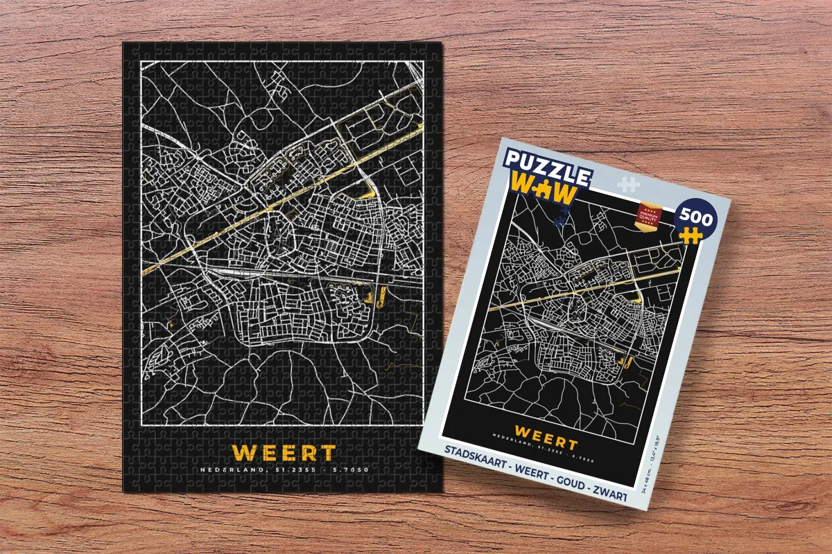 PuzzleWow Stadskaart Weert Legpuzzel 500 Stuks - Goud/Zwart