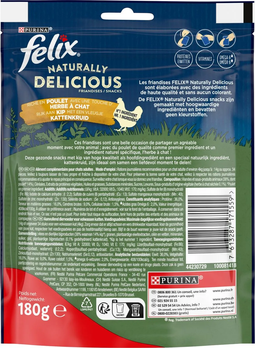 Felix Naturally Delicious Kattensnacks Kip & Kattenkruid - 6x180g