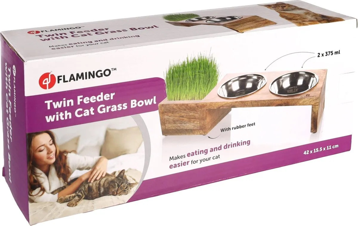 Flamingo Lela Duo Dinner Staander - Katten Eet- en Drinkset 2x375ml - 13cm - Naturel