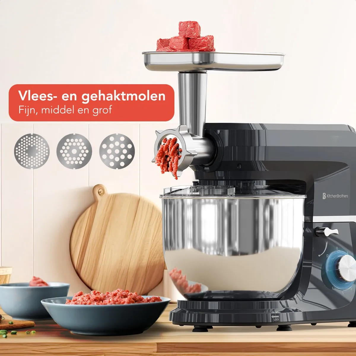 KitchenBrothers Keukenmachine 1500W - 6-in-1 Antraciet