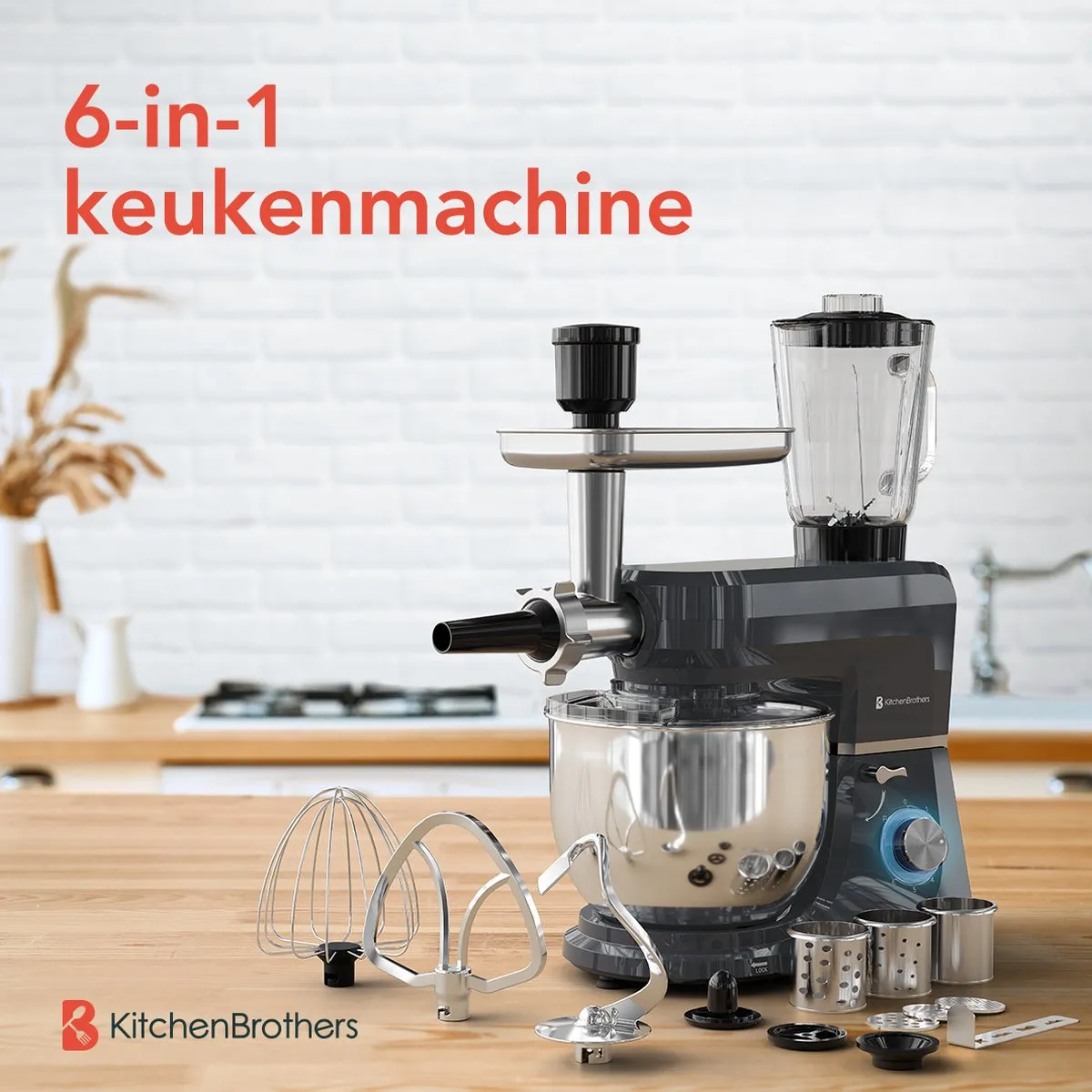 KitchenBrothers Keukenmachine 1500W - 6-in-1 Antraciet