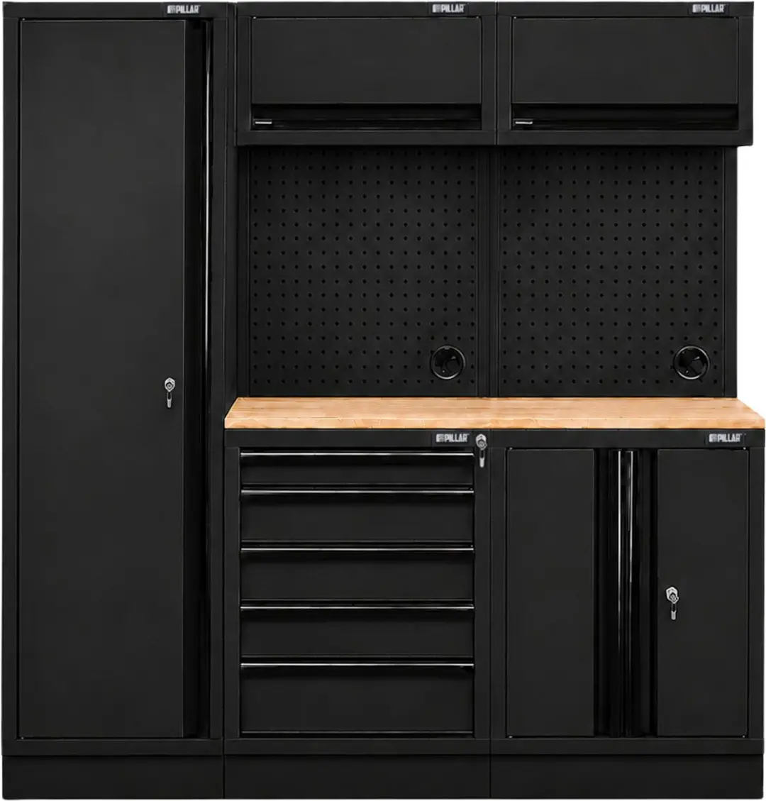 Pillar modulaire werkplaatsinrichting met hoge kast en hardhouten werkblad