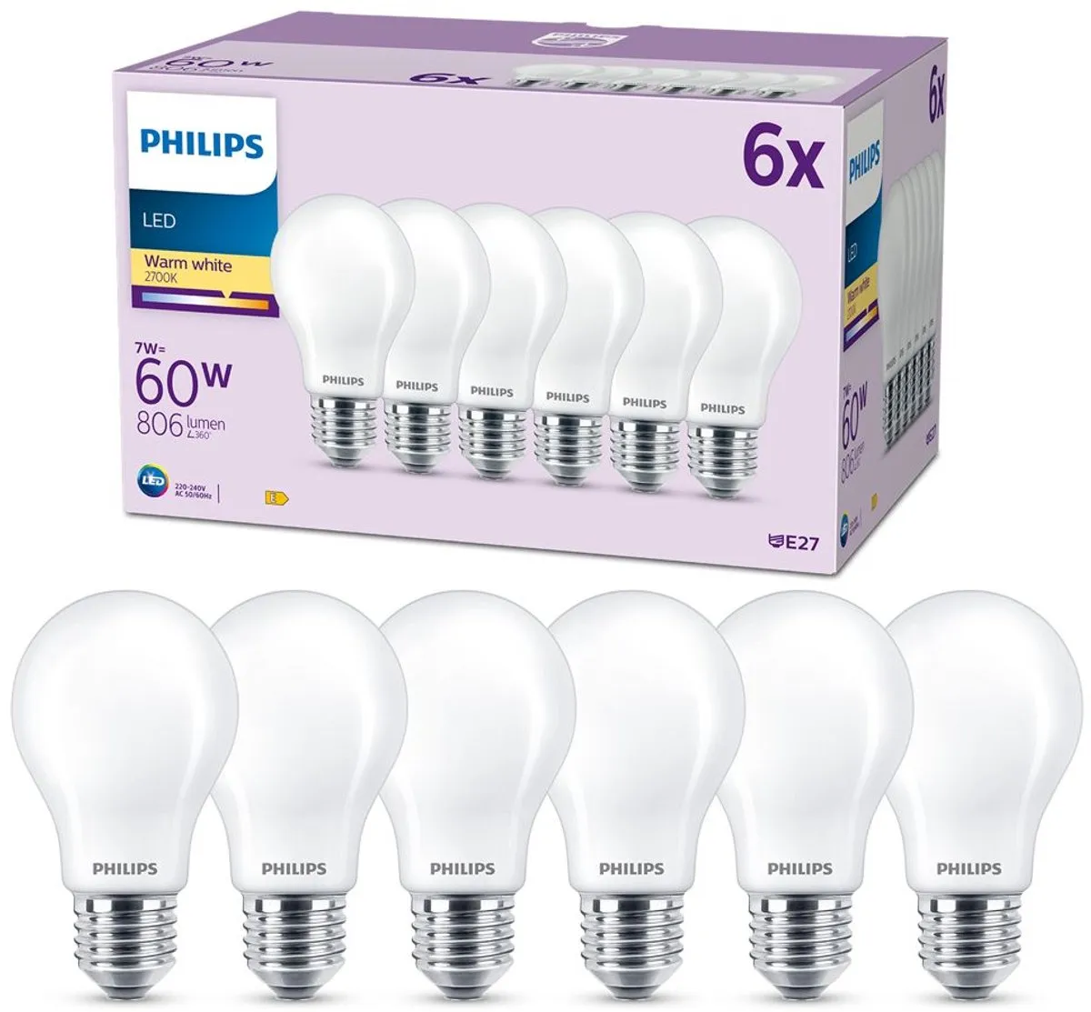 Philips LED Lamp E27 8W Warmwit - 6 Stuks - afbeelding 6 van 6