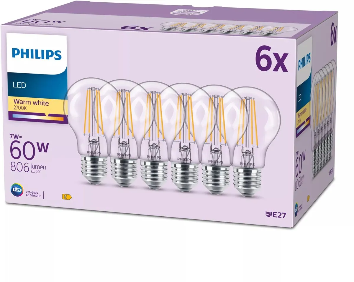Philips LED Lamp E27 8W Warmwit - 6 Stuks