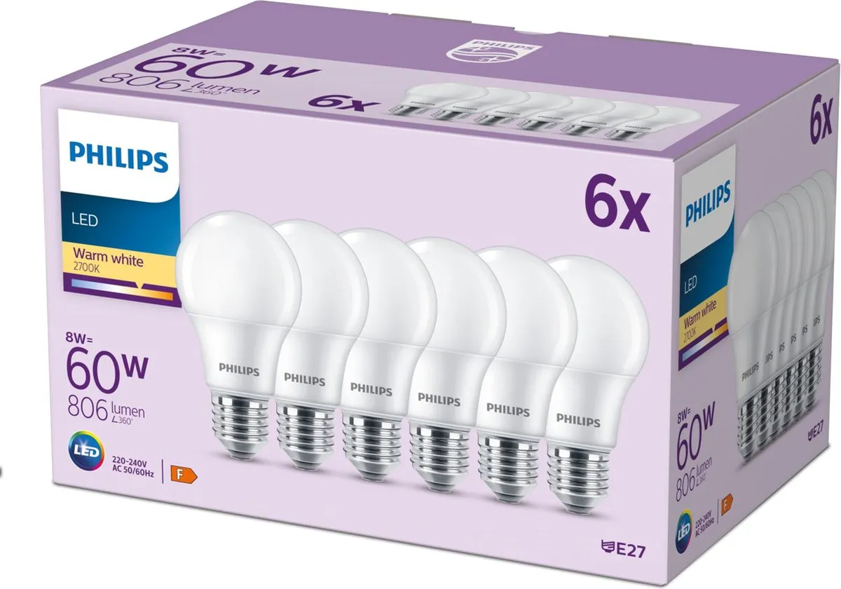 Philips LED Lamp E27 8W Warmwit - 6 Stuks