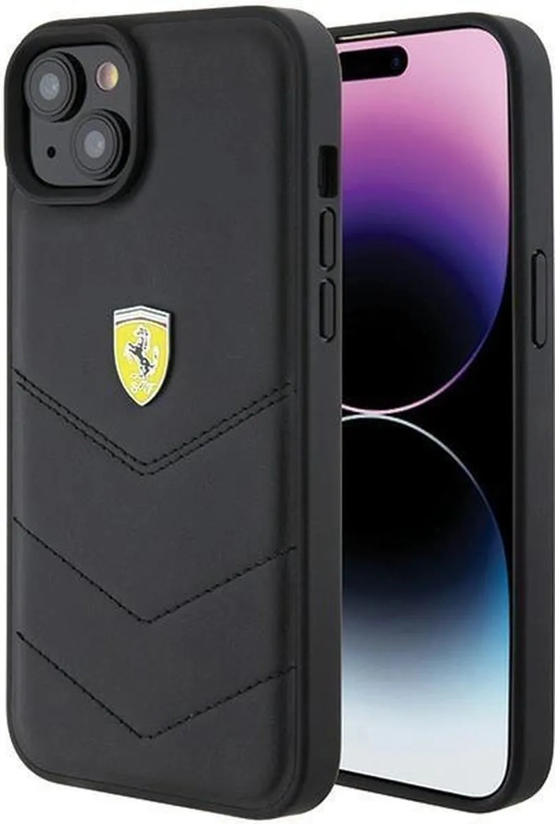 Ferrari Stitched Lines Back Case iPhone 15 Plus - Zwart