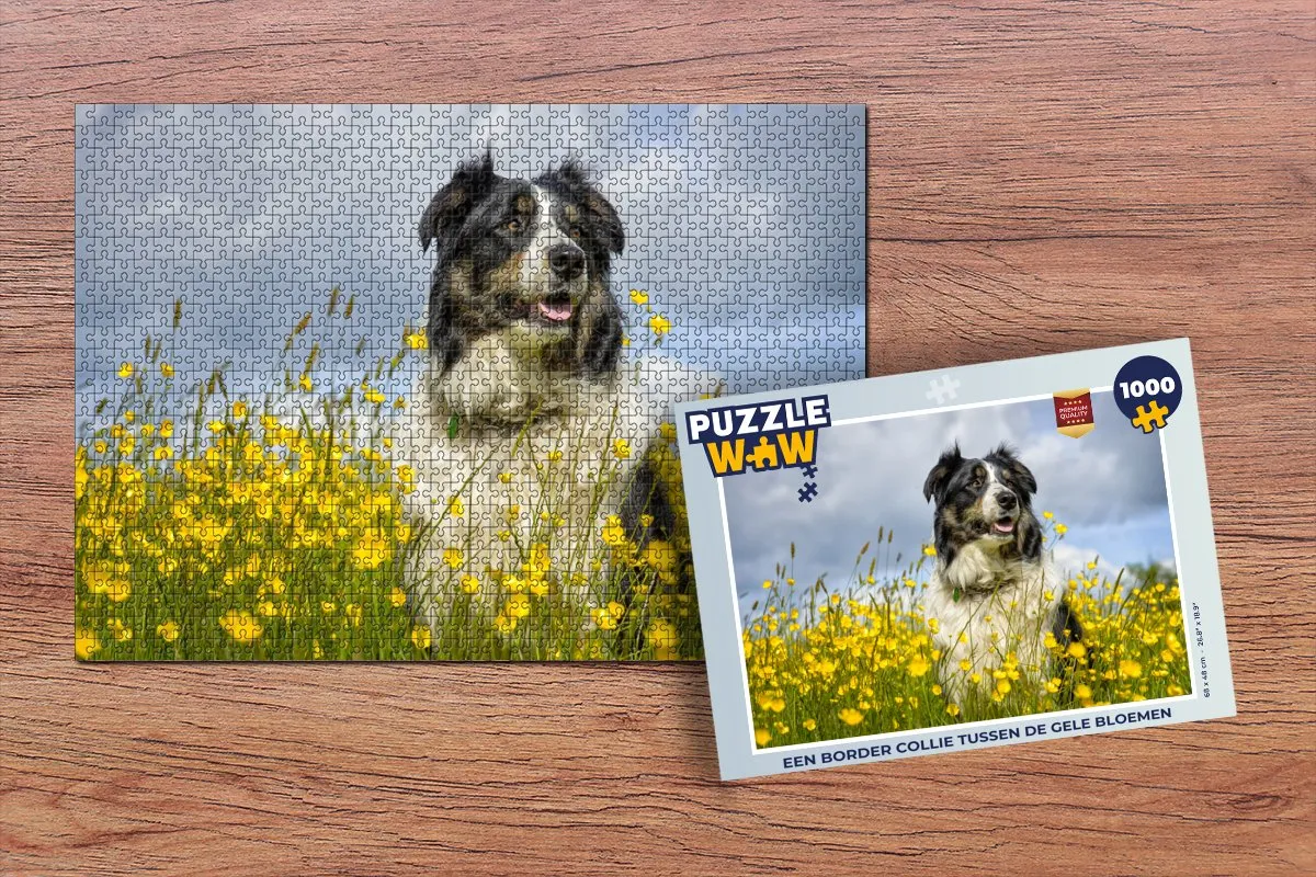 PuzzleWow Legpuzzel Border Collie Gele Bloemen 1000 Stuks - Multicolor