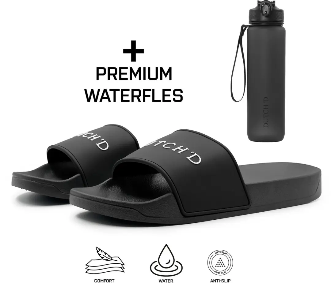 Dutch'D ® Rubberen slipper + Waterfles - zwart/wit - Maat 37/38 - anti slip - Comfortabel - Dubbele maten - unisex - Heren Badslippers - Slippers - Badslippers