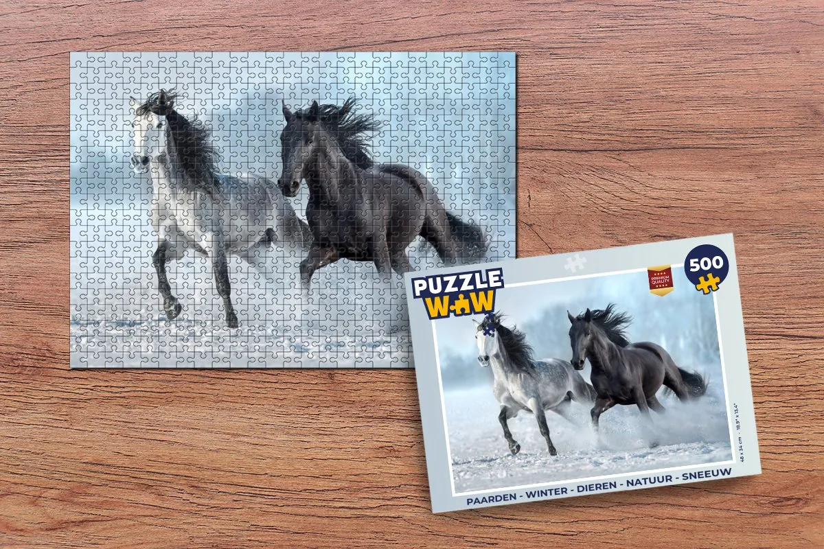 PuzzleWow Paarden Winter Legpuzzel 500 Stuks - Paarden/Wit/Zwart