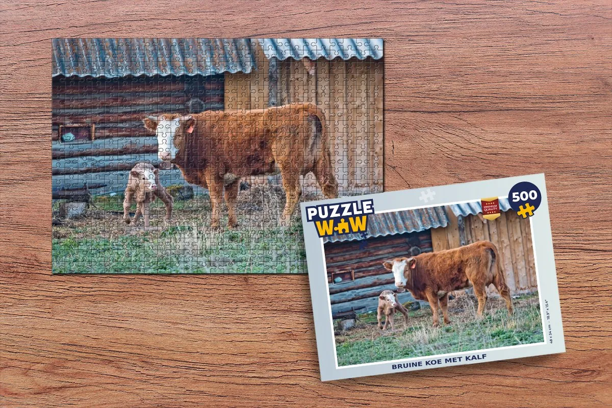 PuzzleWow Koe Schuur Gras Kalf Legpuzzel 500 Stuks - Multicolor