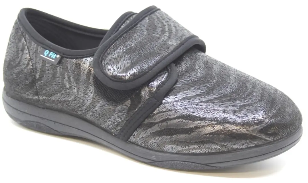 Q Fit Medisch Schoen/ Pantoffel Stretch Klittenband Zwart Tijgerprint